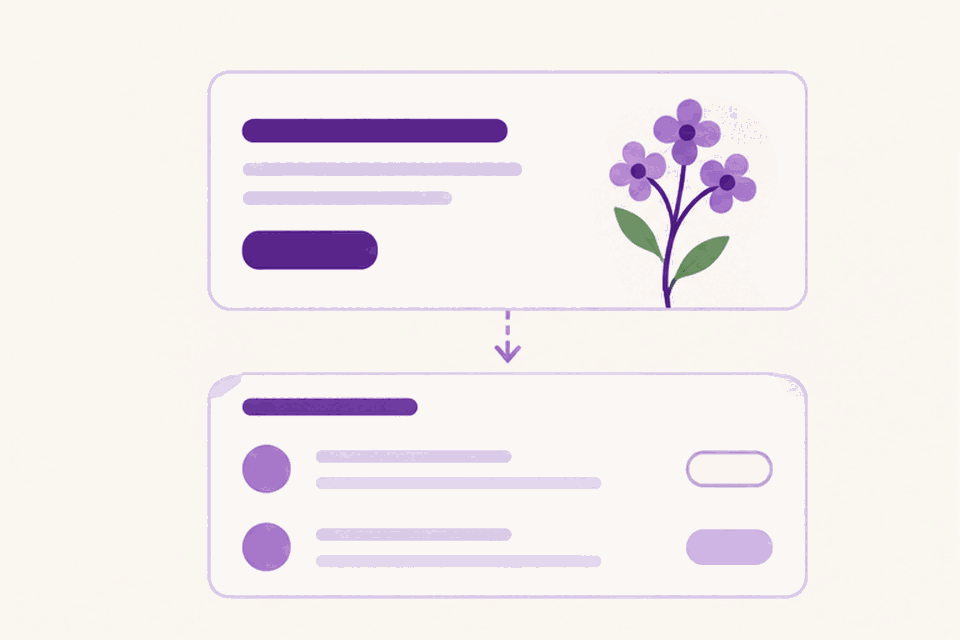 A landing page above, a leads inbox below, connected by a dashed arrow — the flow from visitor to captured lead.